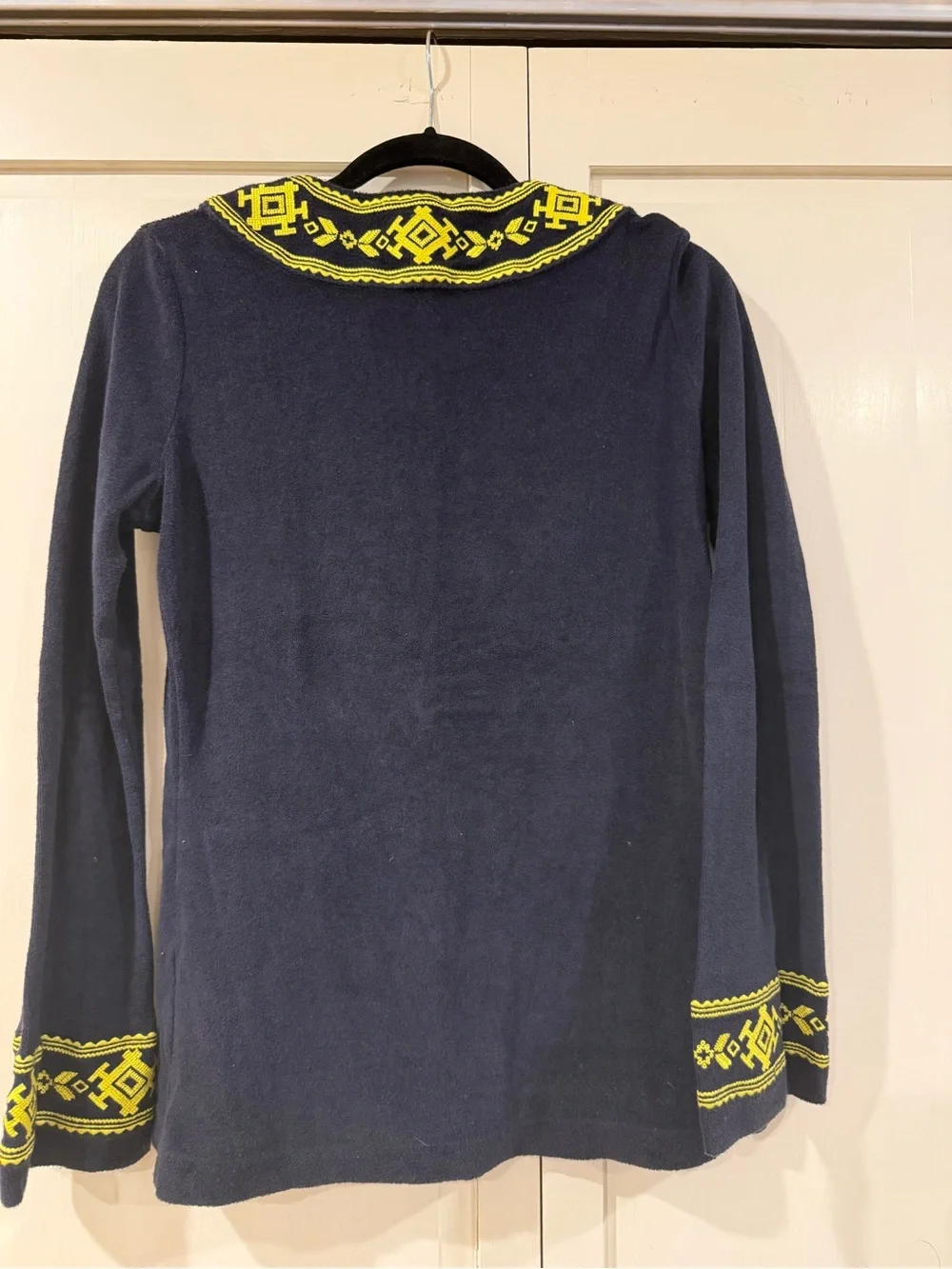 Tory Burch Navy V-Neck Sweater with Yellow Embroidered Trim